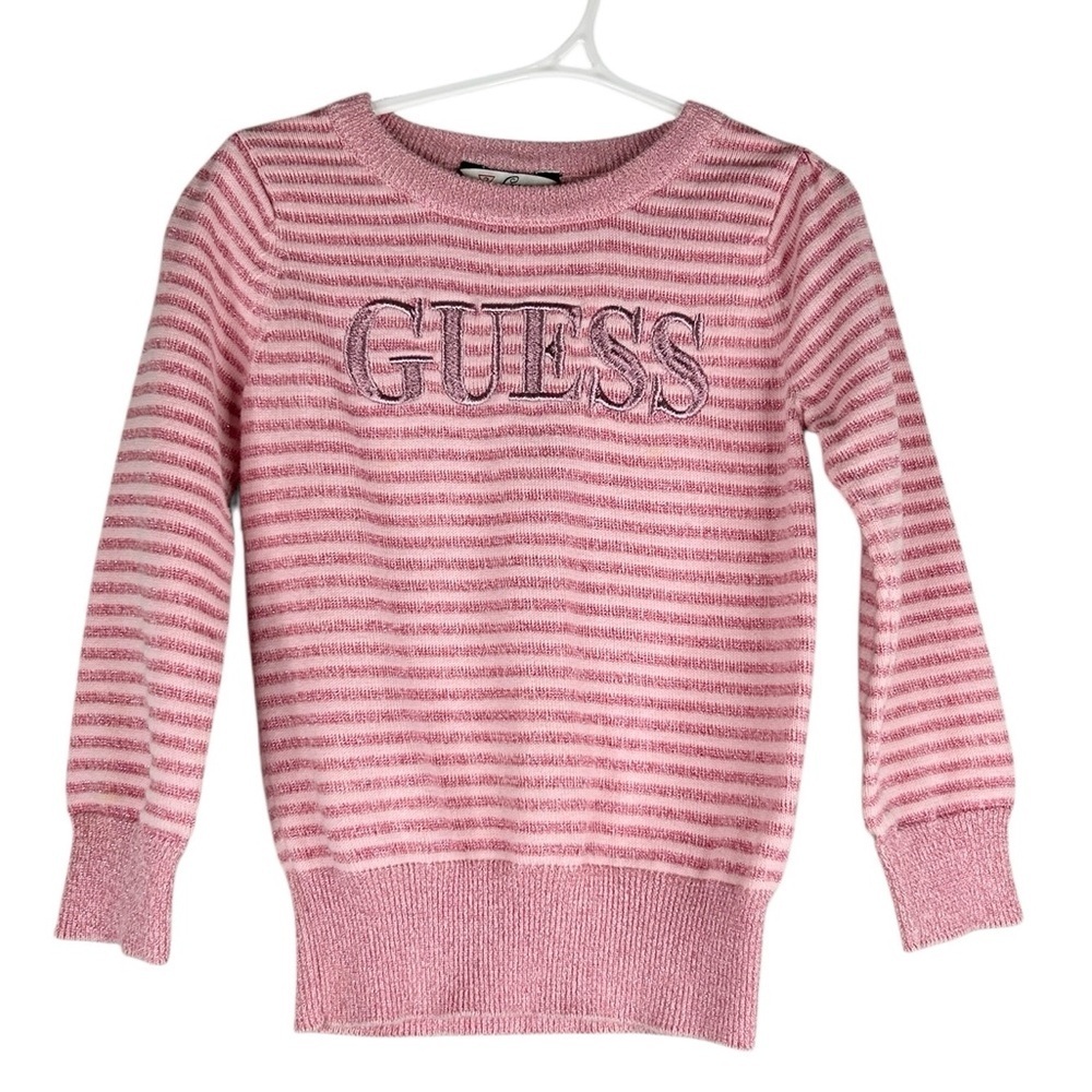 Guess Girl's Pink Striped Logo Long Sleeve Tinsel Crewneck Sweater Size 3T